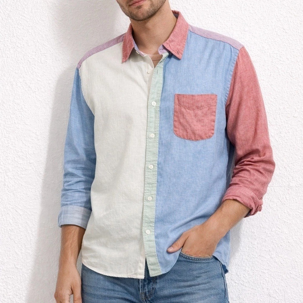 J.Crew Baird McNutt Irish Linen Colorblock Slim Shirt Mens L Blue Pink Summer